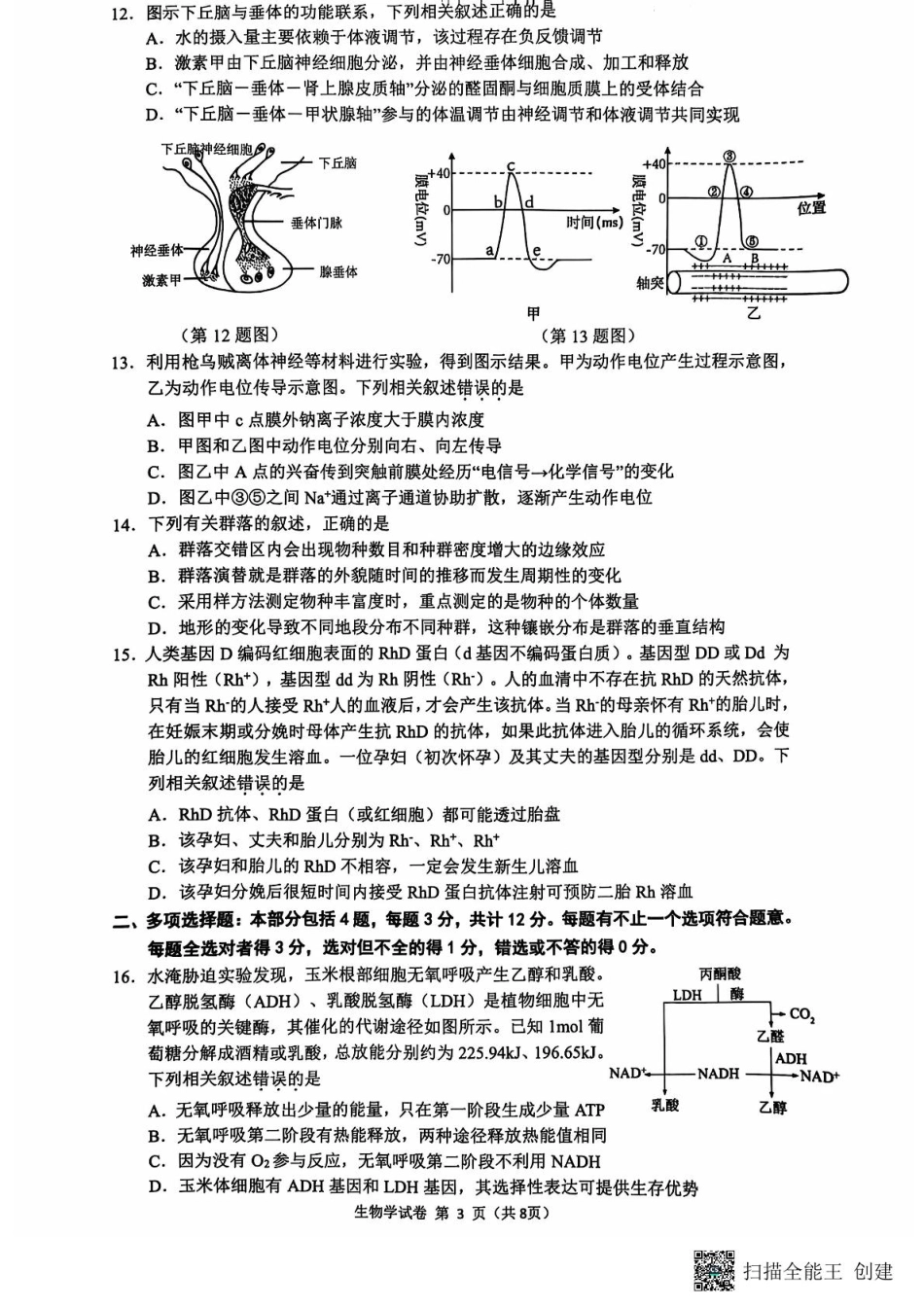 江苏省连云港市2024-2025学年高三第一学期期中调研考试生物试题.pdf_第3页