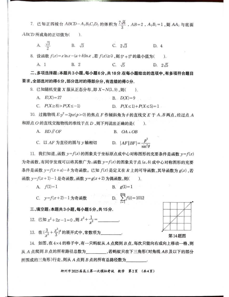 广西壮族自治区柳州市2025届高三第一次模拟考试数学试题.pdf_第2页