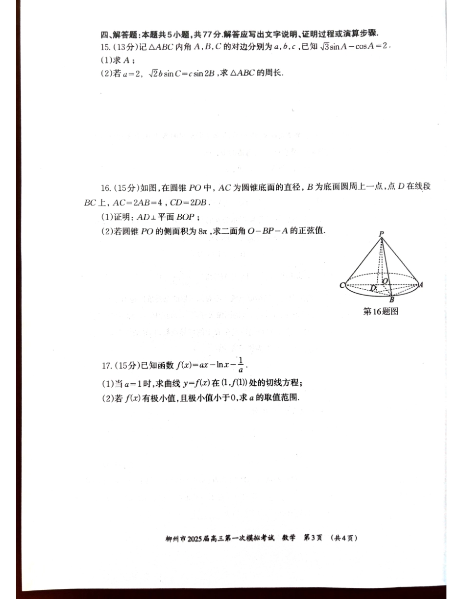 广西壮族自治区柳州市2025届高三第一次模拟考试数学试题.pdf_第3页