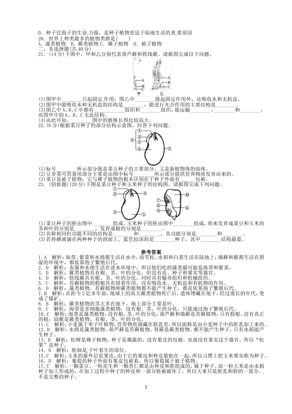 初中生物七年级上人教版单元检测卷3.1生物圈中有哪些绿色植物.doc_第2页
