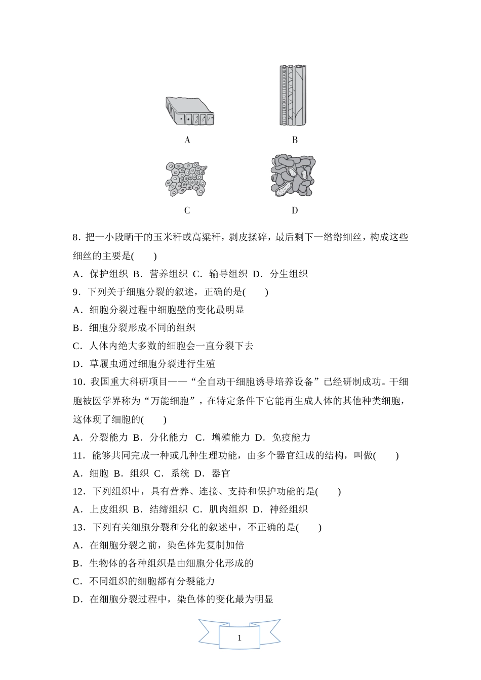 初中生物七年级上人教版第二单元 第二章达标测试卷.doc_第2页