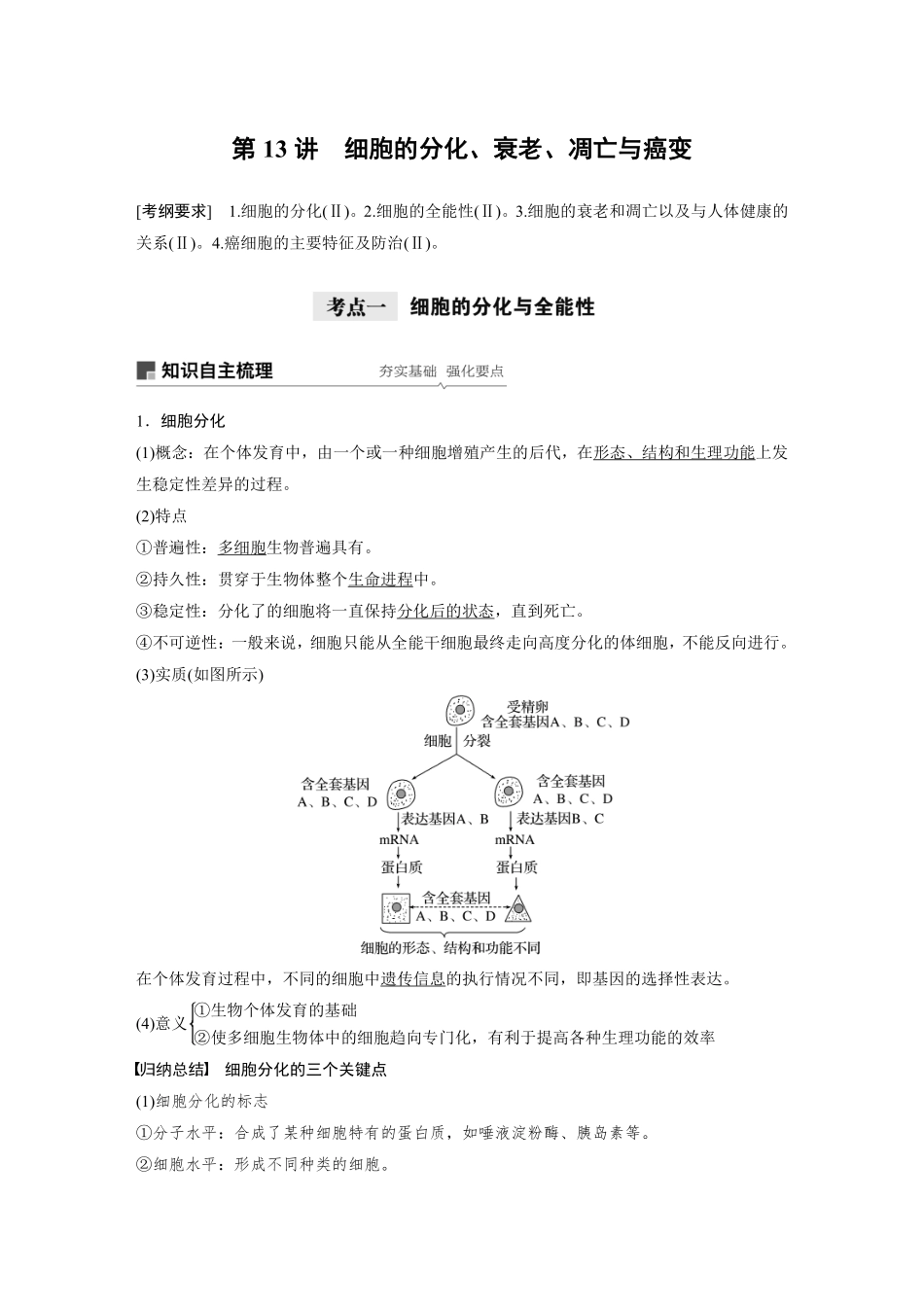 高考生物一轮复习讲义 第4单元 第13讲　细胞的分化、衰老、凋亡与癌变.pdf_第1页