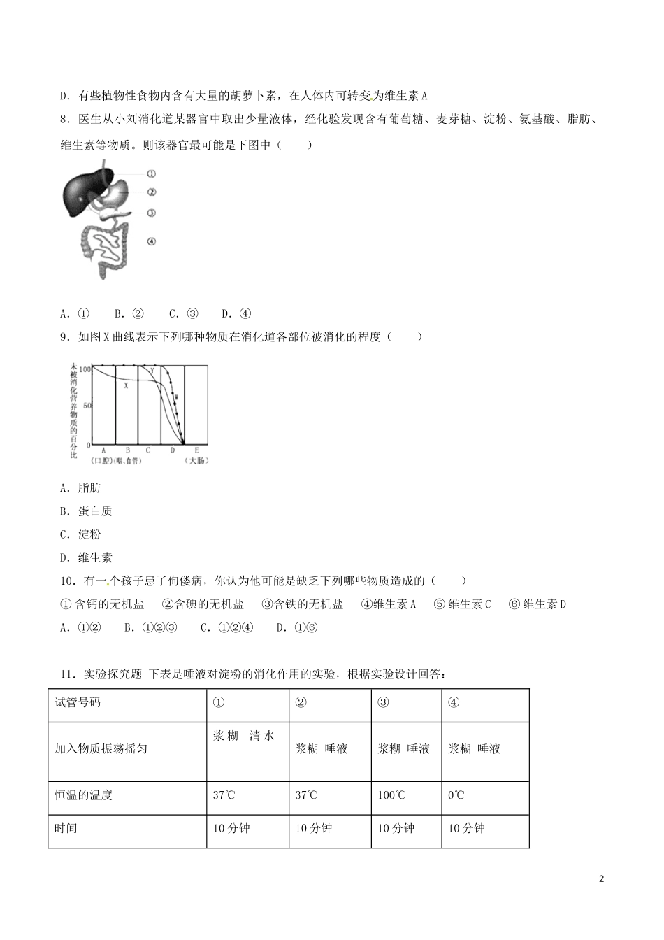 专题06 人体的营养（原卷版）.DOC_第2页