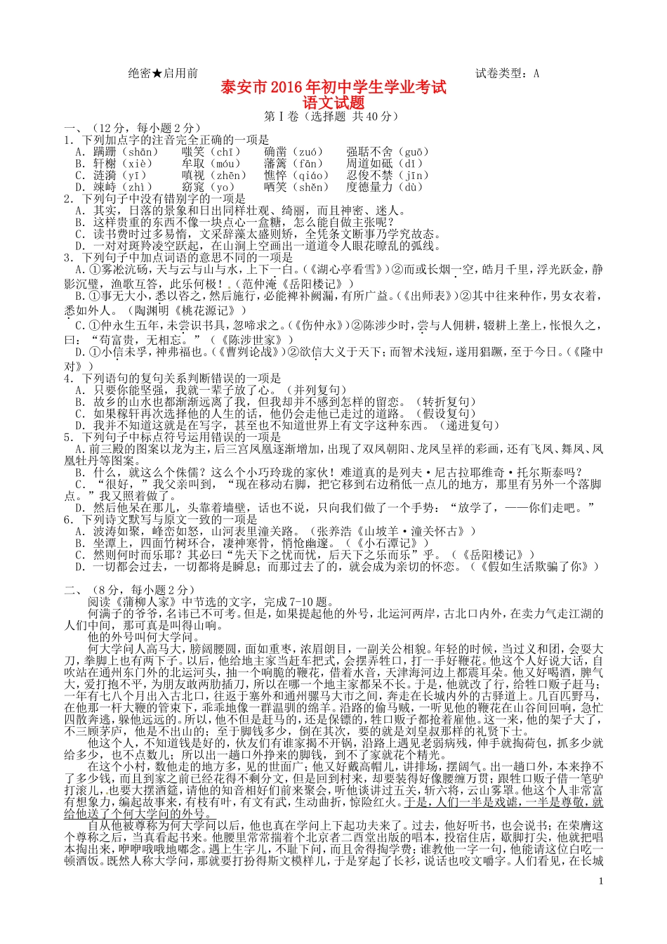 山东省泰安市2016年中考语文真题试题（含答案）.doc_第1页