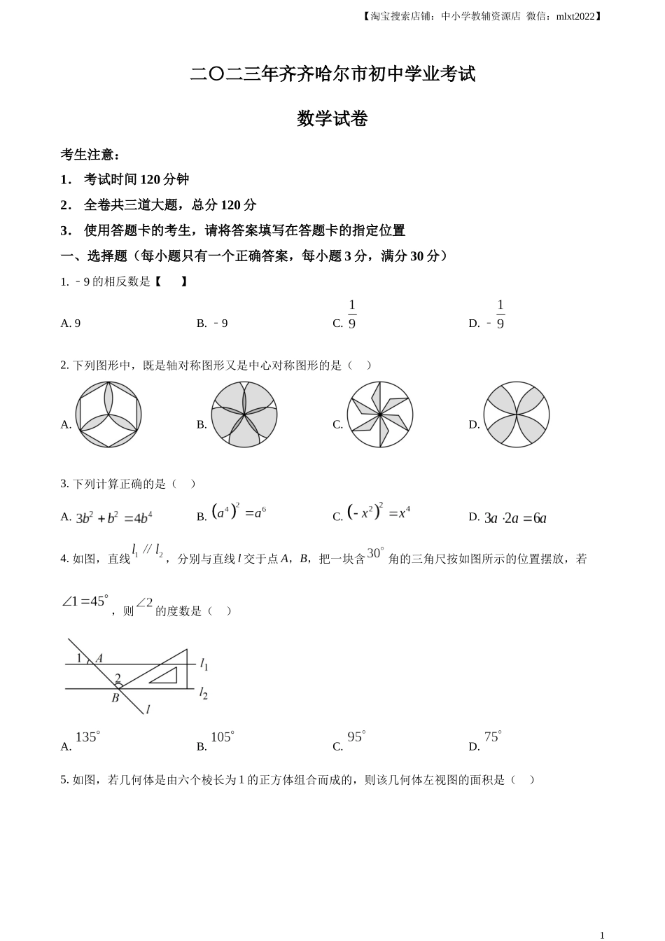 精品解析：2023年黑龙江省齐齐哈尔市中考数学真题（原卷版）.docx_第1页