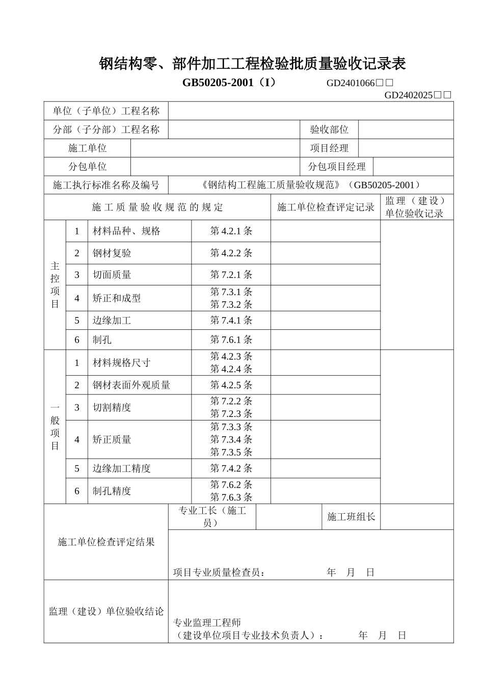 钢结构零、部件加工工程检验批质量验收记录表.doc_第1页