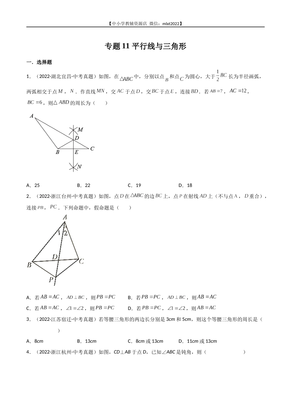 专题11 平行线与三角形-2022年中考数学真题分项汇编（全国通用）（原卷版）.docx_第1页