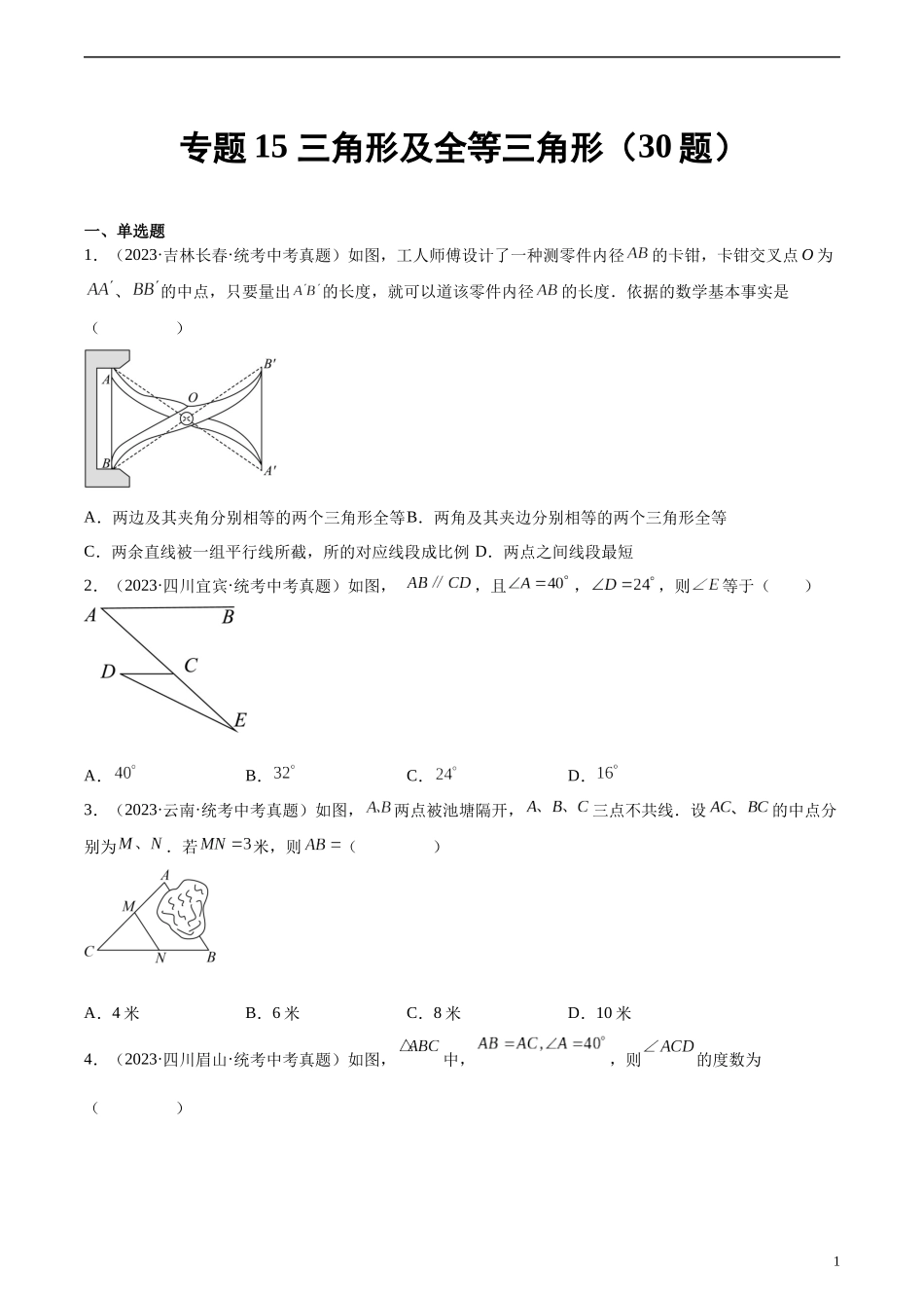 专题15 三角形及全等三角形（共30题）（原卷版）.docx_第1页