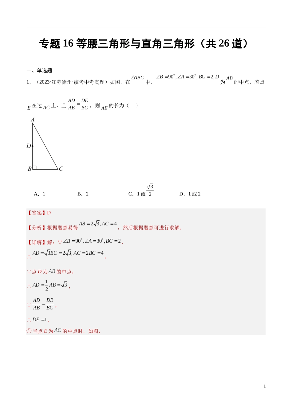 专题16 等腰三角形与直角三角形（共26道）（解析版）.docx_第1页