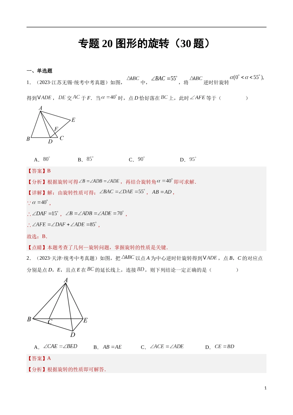 专题20 图形的旋转（共30题）（解析版）.docx_第1页