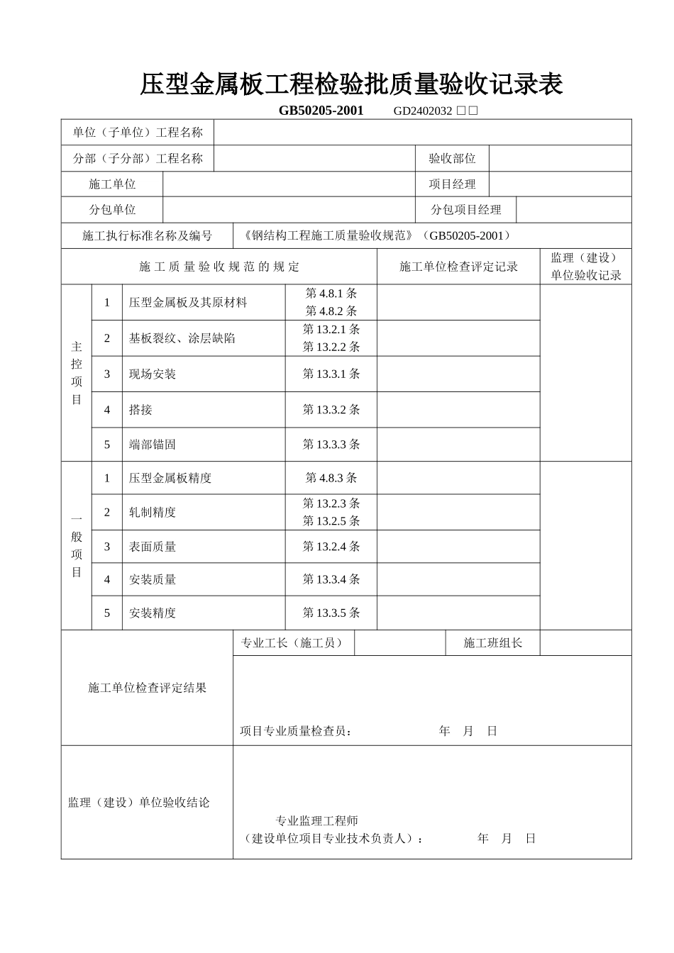 压型金属板工程检验批质量验收记录表.doc_第1页