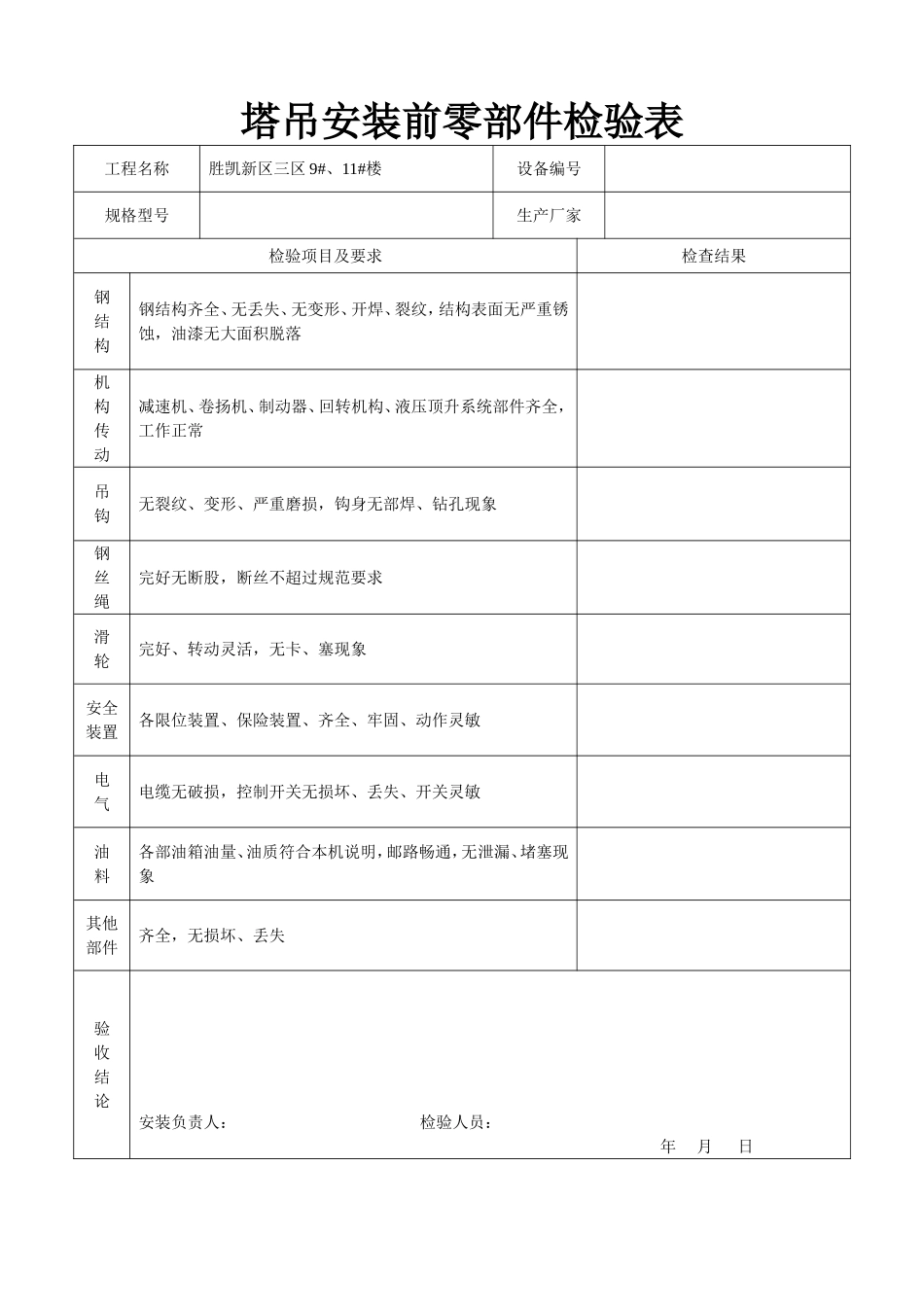 塔吊安装前零部件检验表.doc_第1页