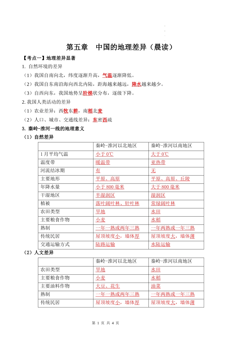 【八年级下册地理】5.0 中国的地理差异（晨读+晚默）-【晨读晚默】.docx_第1页
