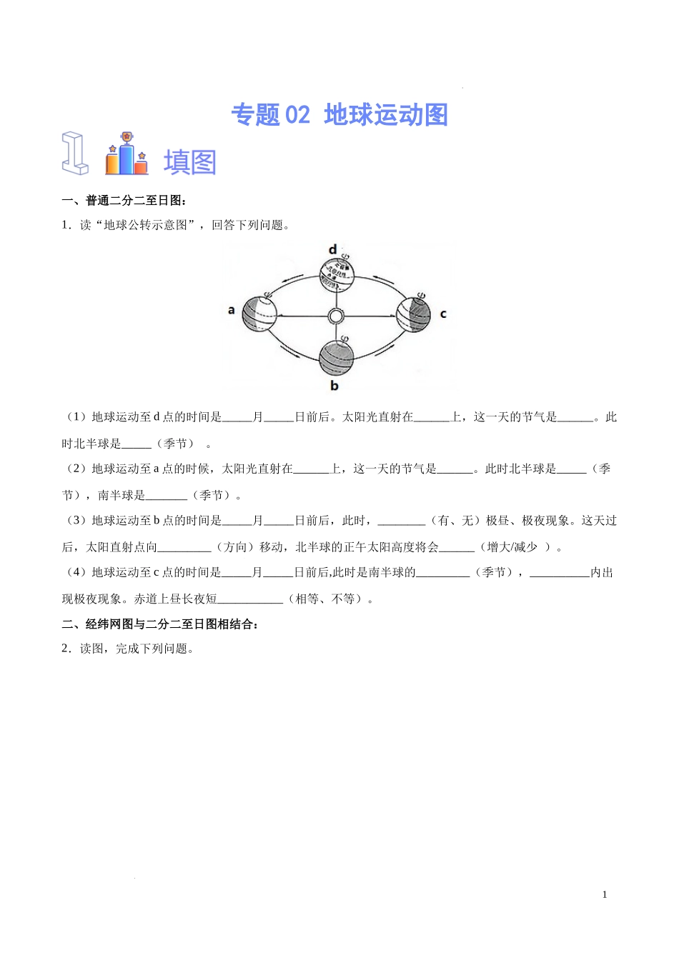 专题02  地球运动图（原卷版）-初中地理必备识图速记手册与变式演练.docx_第1页