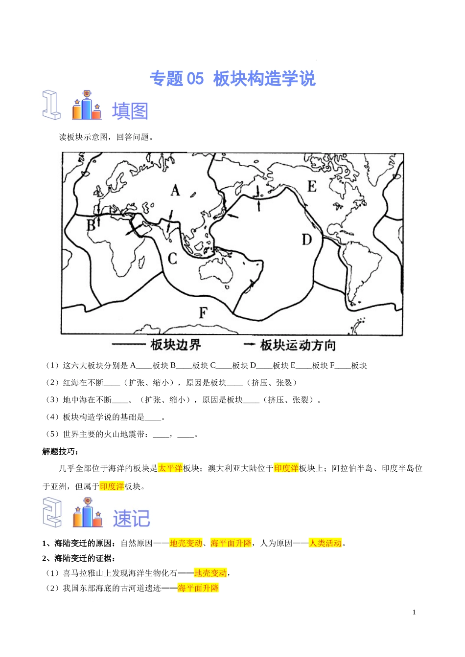 专题05 板块构造学说（原卷版）-初中地理必备识图速记手册与变式演练.docx_第1页