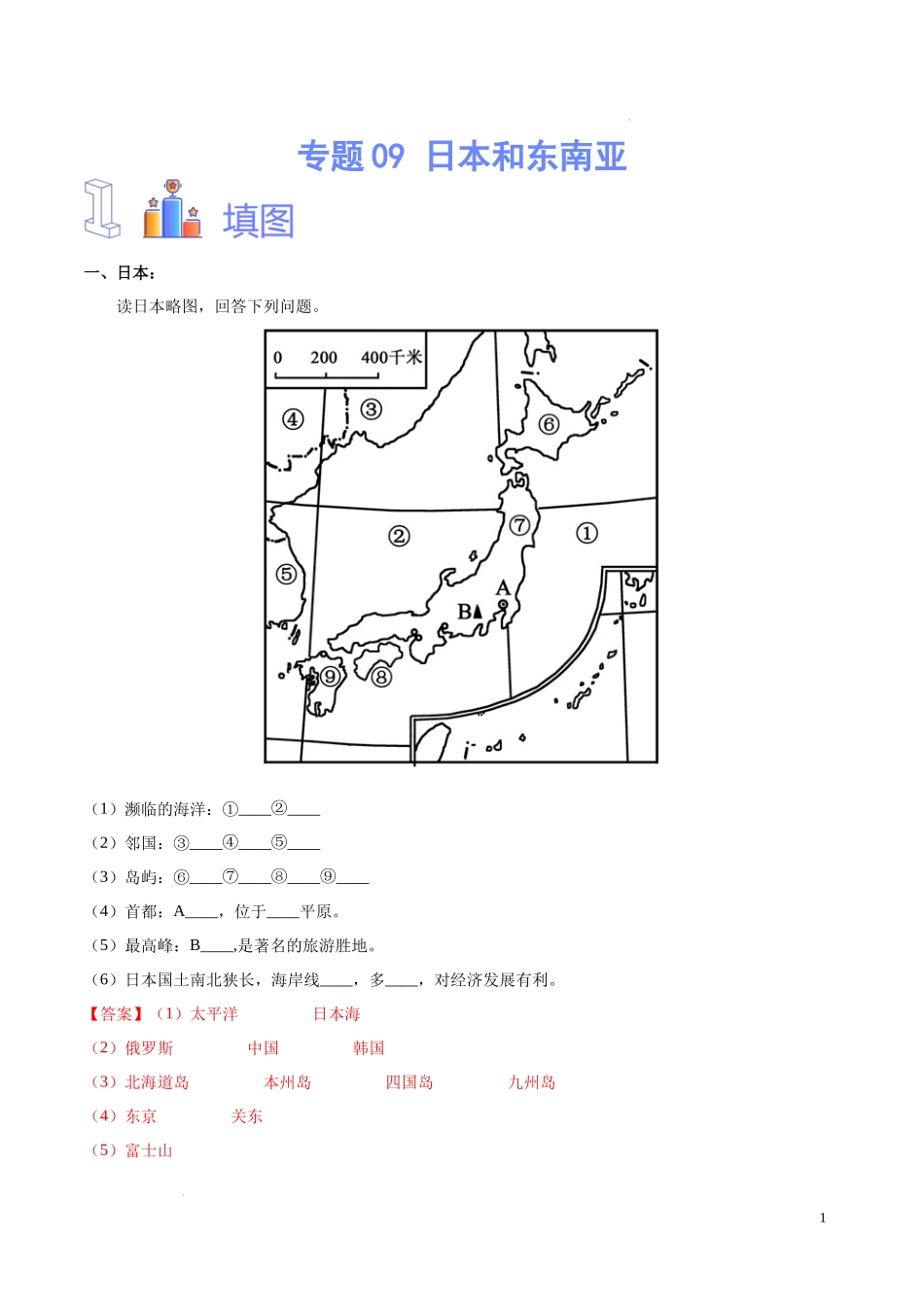 专题09 日本和东南亚（原卷版）-初中地理必备识图速记手册与变式演练.docx_第1页