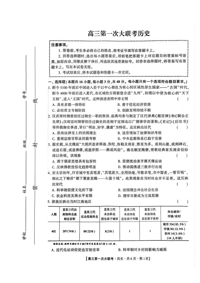 河北省邯郸市部分学校2025届高三上学期第一次大联考模拟预测试题 历史含解析.pdf_第1页