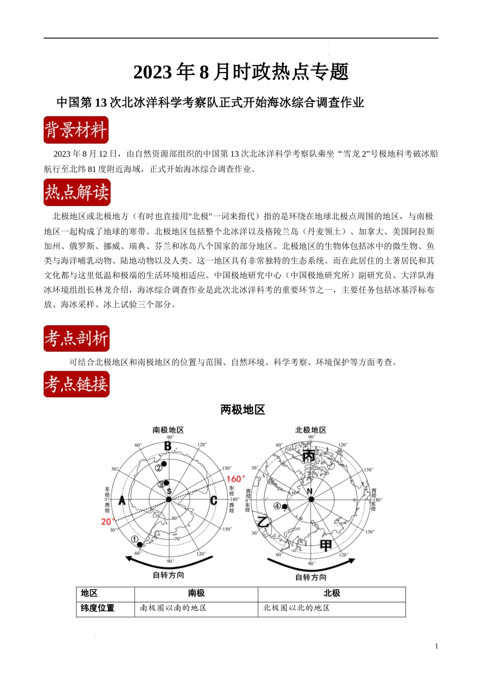 热点03 中国第13次北冰洋科学考察队正式开始海冰综合调查作业（原卷版）-【直击热点】2024年中考地理时事热点深入解读.docx_第1页