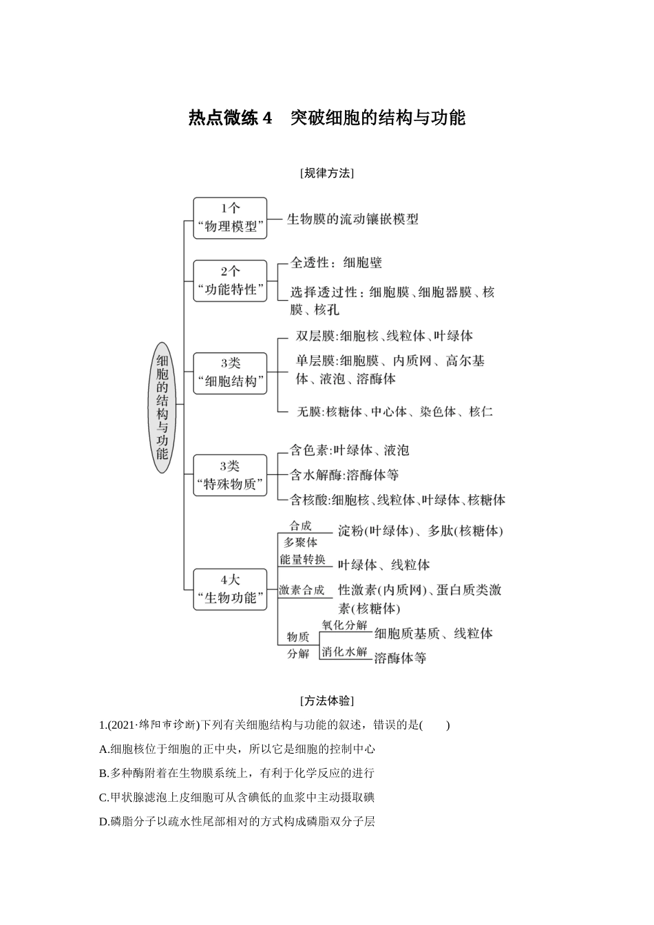 热点微练4　突破细胞的结构与功能-高考生物热点微练（新高考版）.docx_第1页