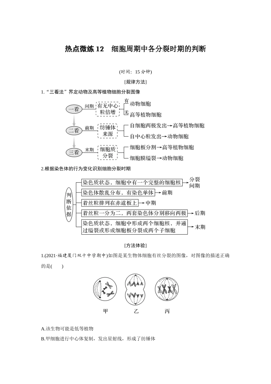 热点微练12　细胞周期中各分裂时期的判断-高考生物热点微练（新高考版）.docx_第1页