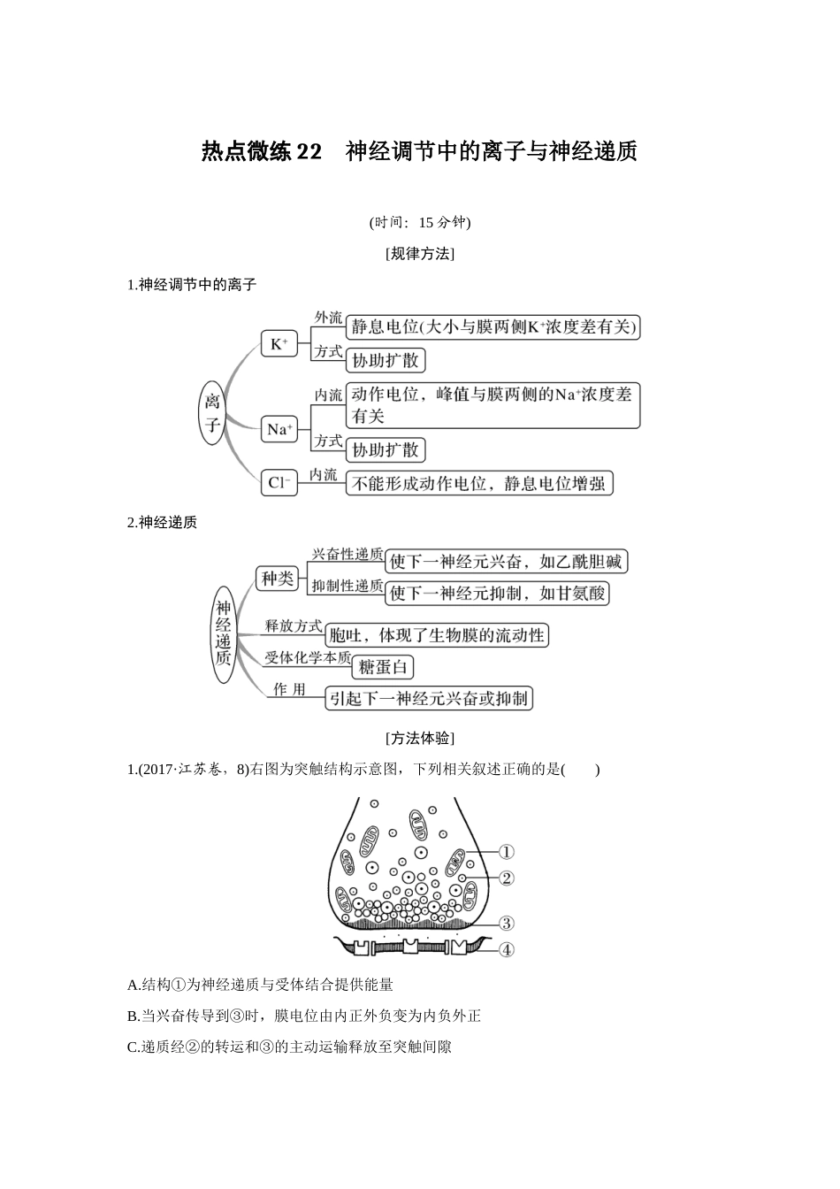 热点微练22　神经调节中的离子与神经递质-高考生物热点微练（新高考版）.docx_第1页