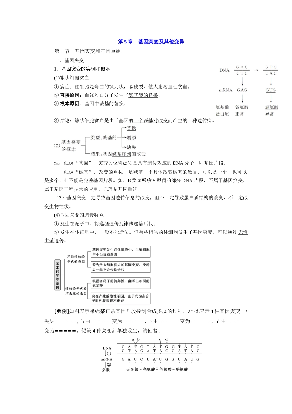 人教版 高中生物必修二 《遗传与进化》 -第5章 基因突变及其他变异-知识点总结 .docx_第1页