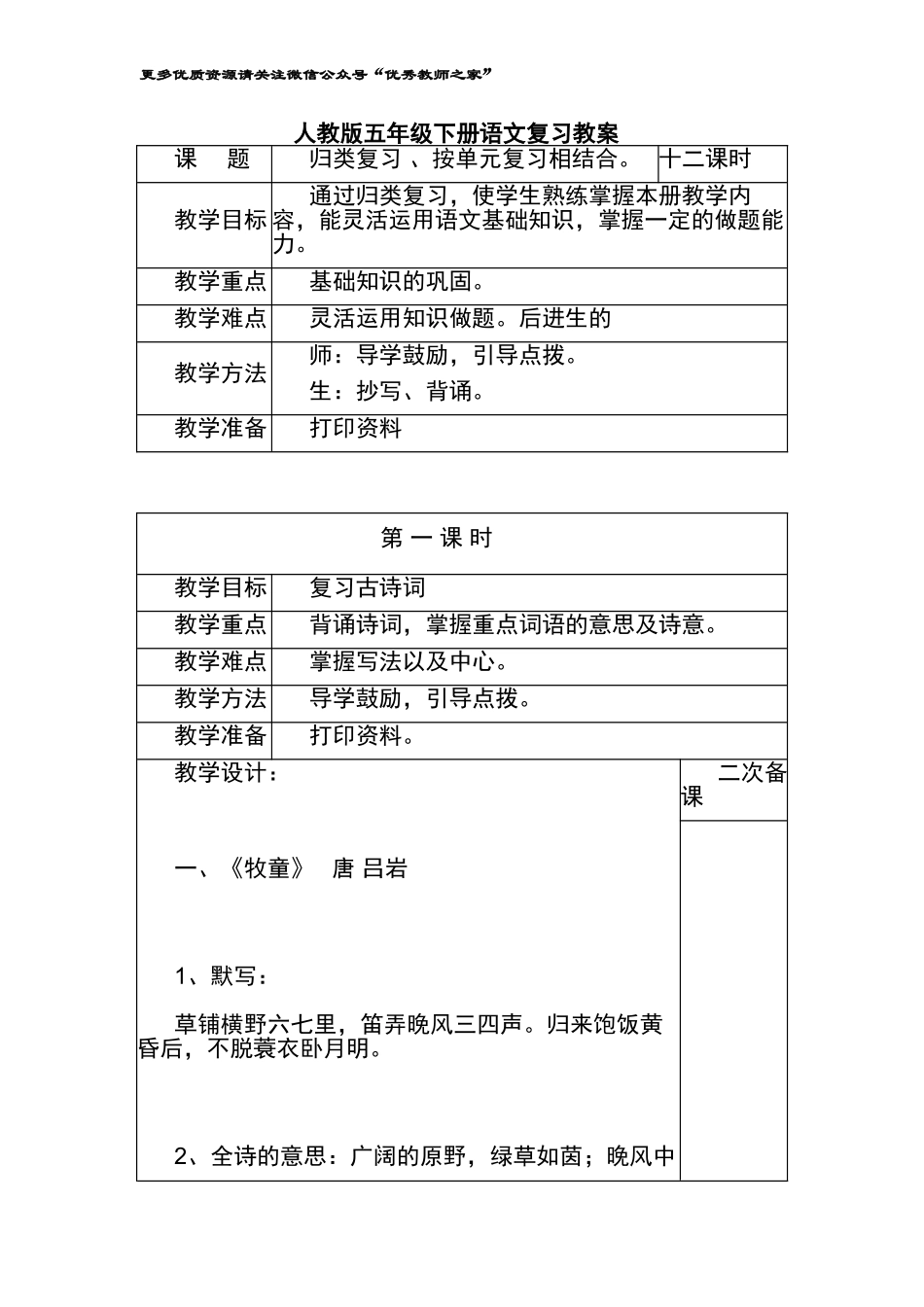 人教版五年级下册语文复习教案.doc_第1页