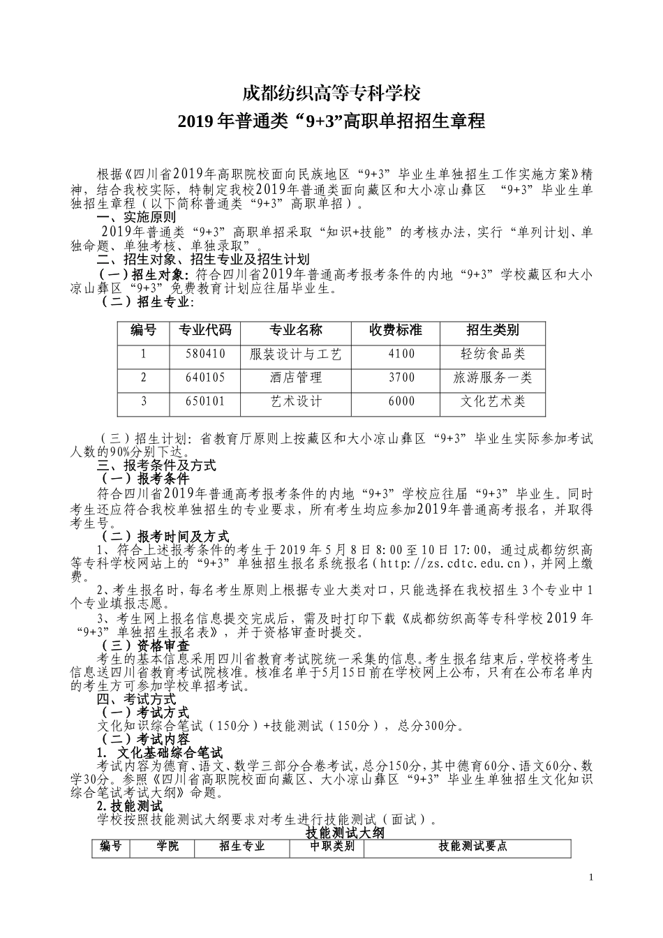 成都纺织高等专科学校2019年普通类“9+3”高职单招招生章程(送审稿).doc_第1页