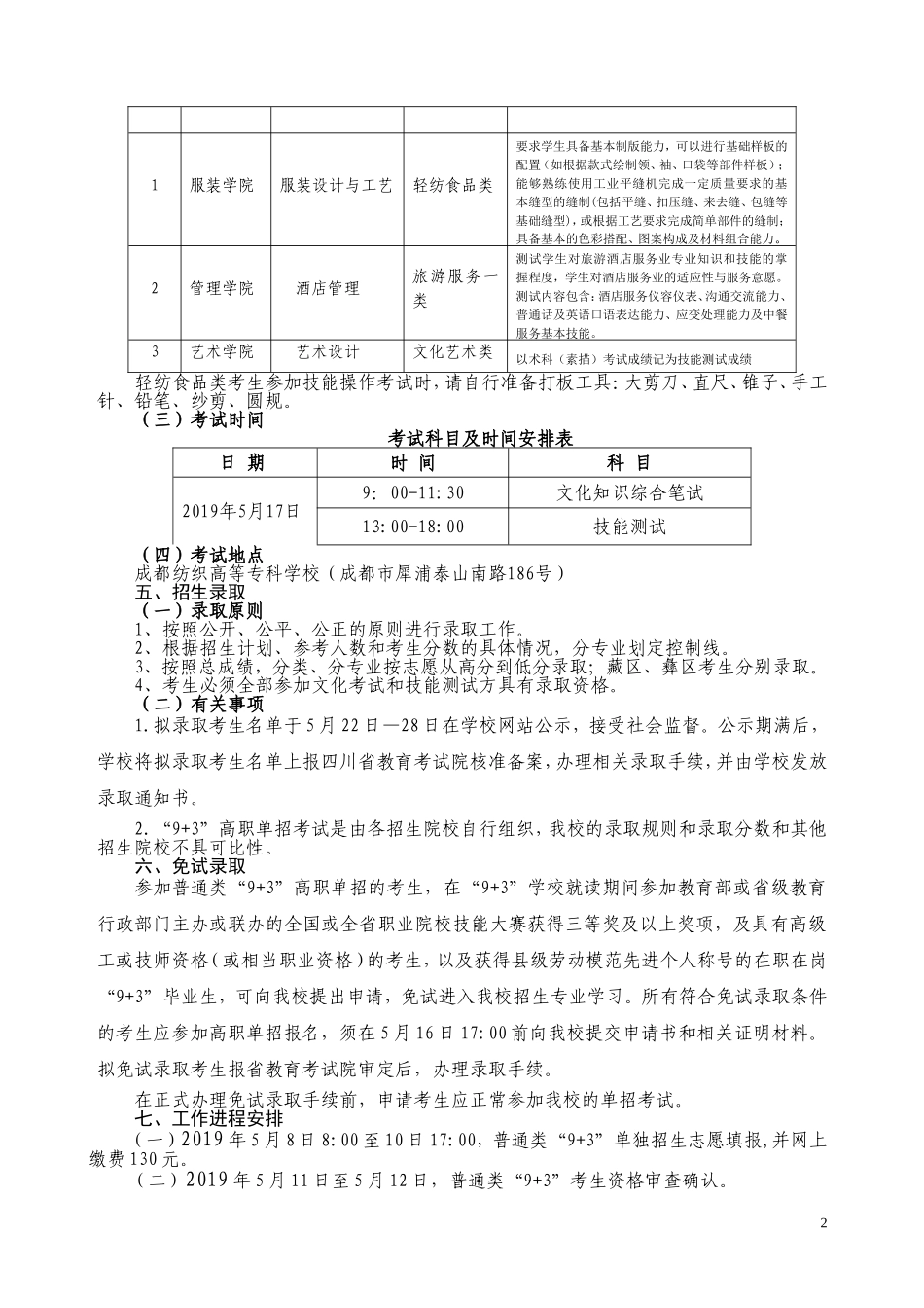 成都纺织高等专科学校2019年普通类“9+3”高职单招招生章程(送审稿).doc_第2页