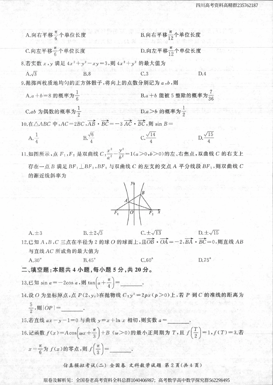 数学甲卷文-四川省百师联盟2024届高三仿真模拟考试（二）全国卷文科数学试题.pdf_第2页