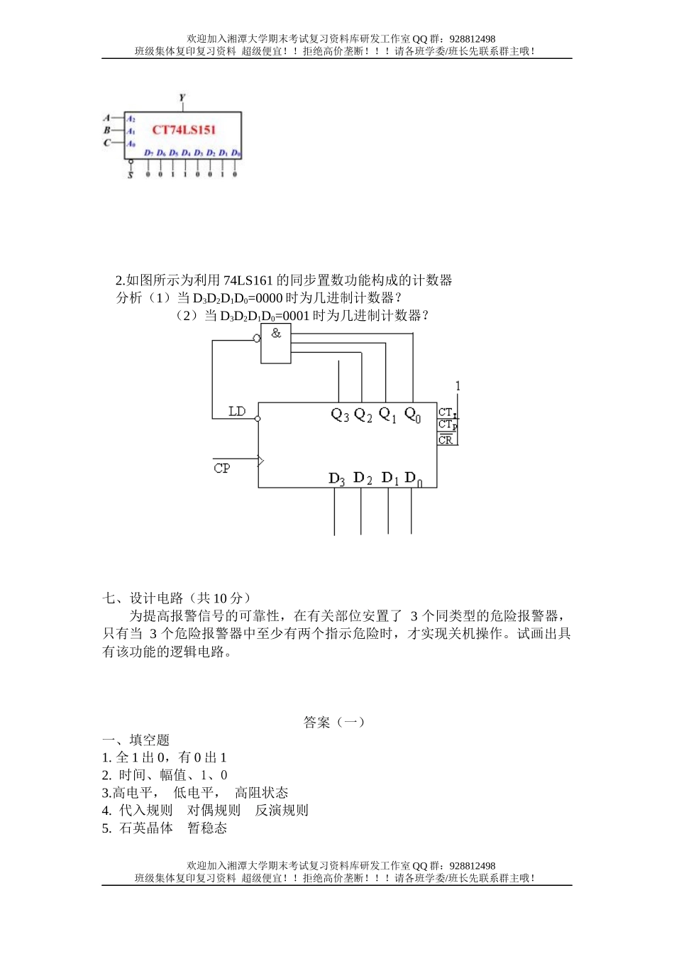 数字电子技术基础模拟题  欢迎加入湘潭大学期末考试复习资料库研发工作室QQ群：928812498.docx_第3页