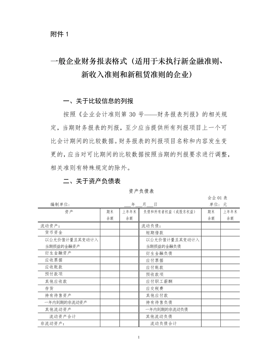 1．一般企业财务报表格式（适用于未执行新金融准则、新收入准则和新租赁准则的企业）.pdf.pdf_第1页