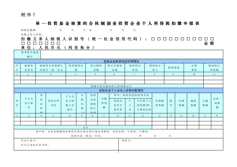 7.单一投资基金核算的合伙制创业投资企业个人所得税扣缴申报表.doc_第1页