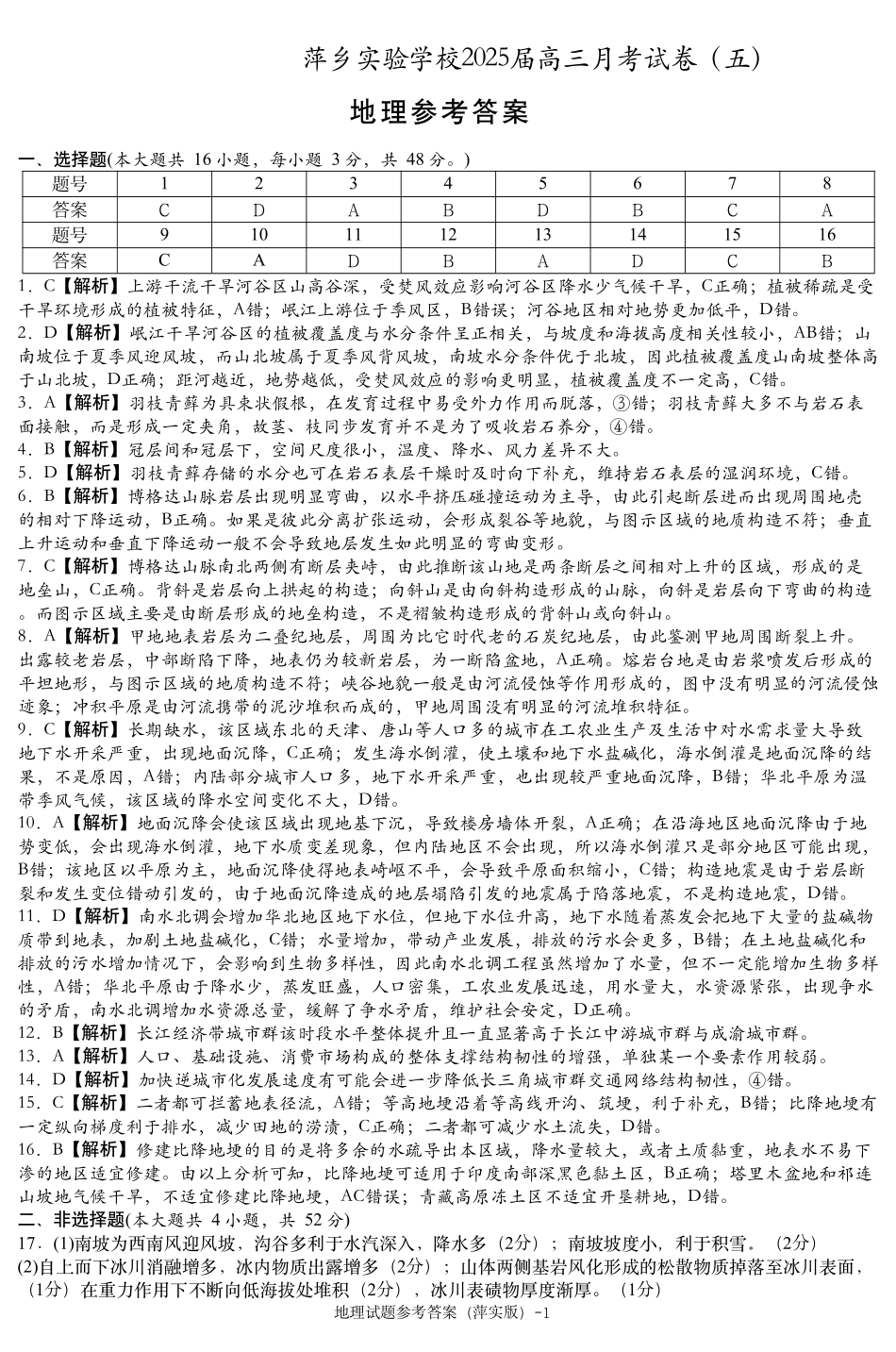 江西省萍乡市萍乡中学2025届高三上学期月考卷（五）地理答案.pdf_第1页