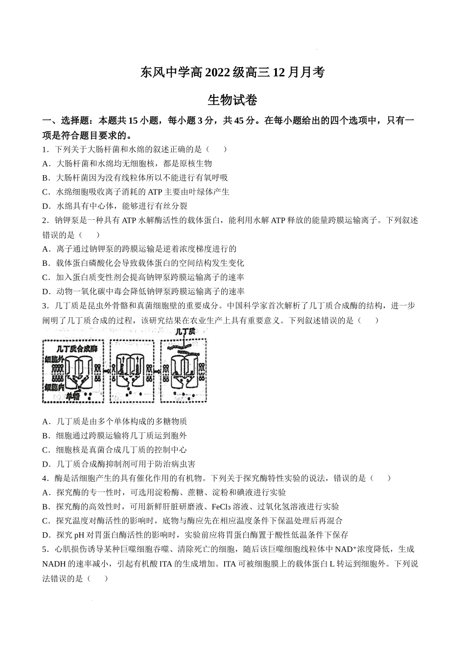 四川省南充市阆中东风学校2024-2025学年高三12月月考试题生物+答案.docx_第1页