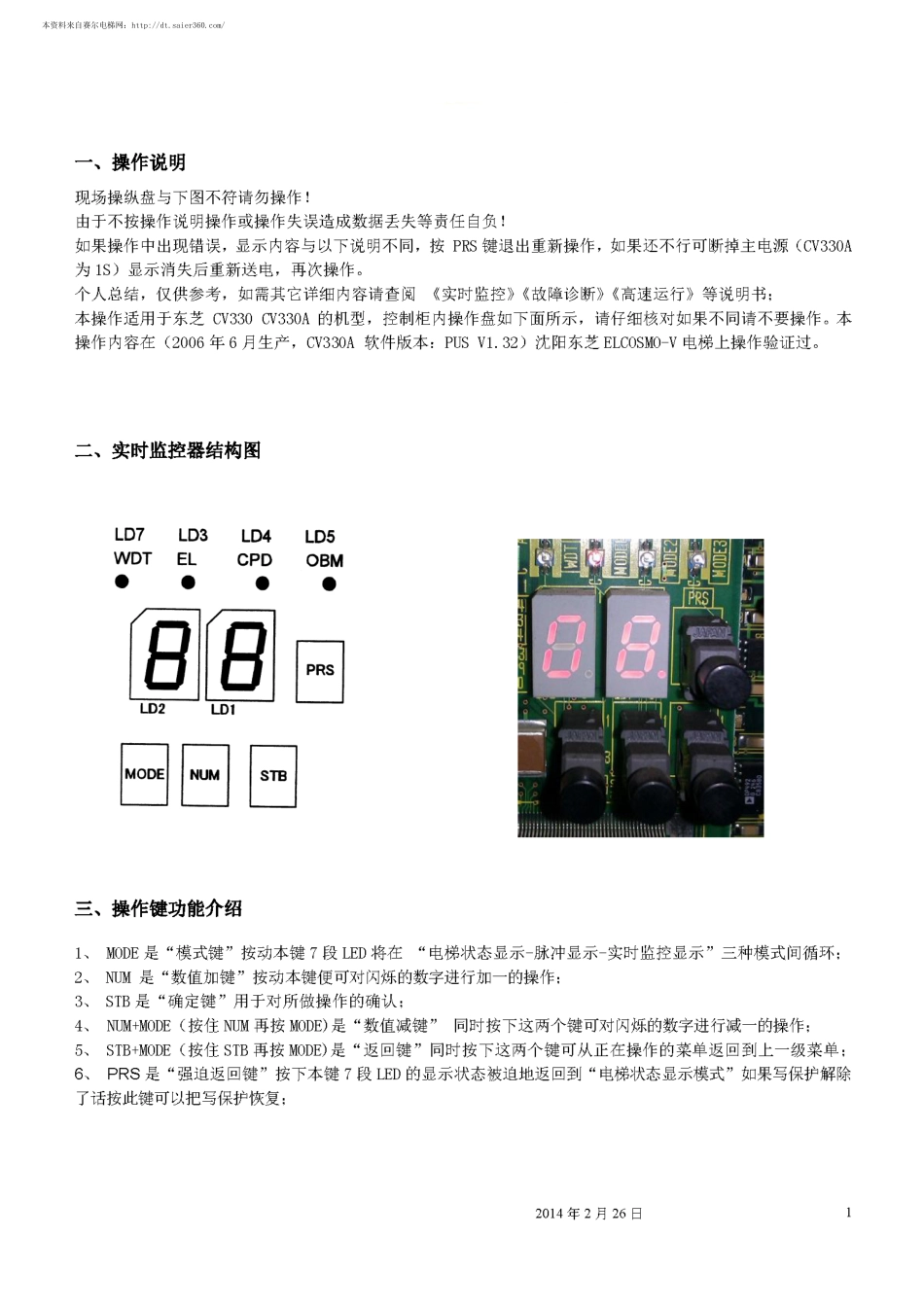 东芝电梯CV330A-实时监控按键功能介绍.pdf_第1页