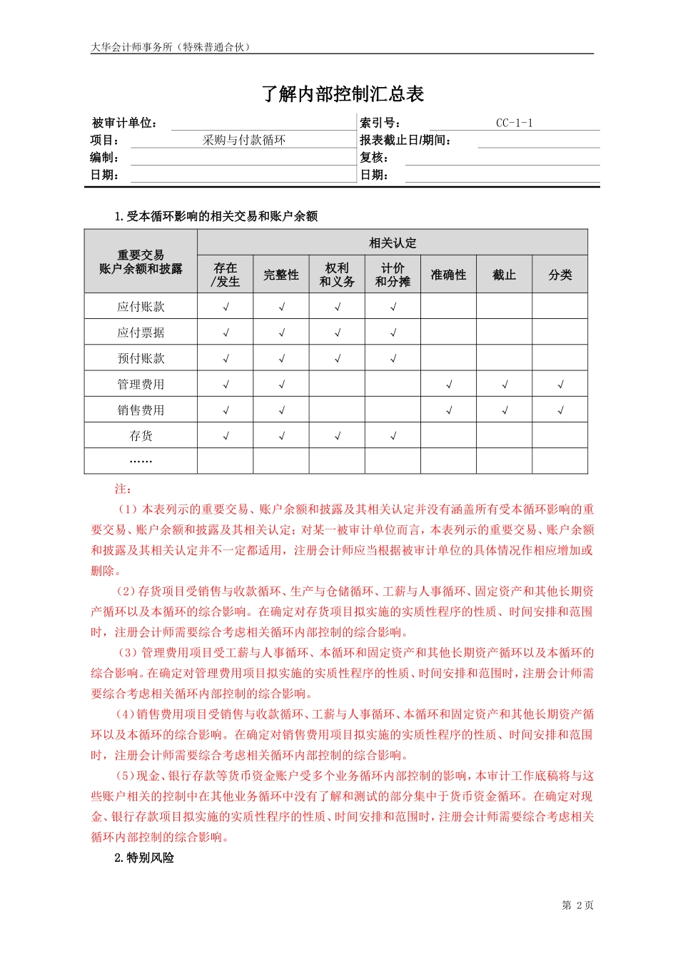 CC-1 采购与付款循环-了解内部控制汇总表及业务流程.doc_第2页