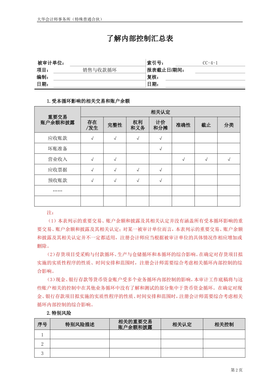 CC-4 销售与收款循环-了解内部控制汇总表及业务流程.doc_第2页