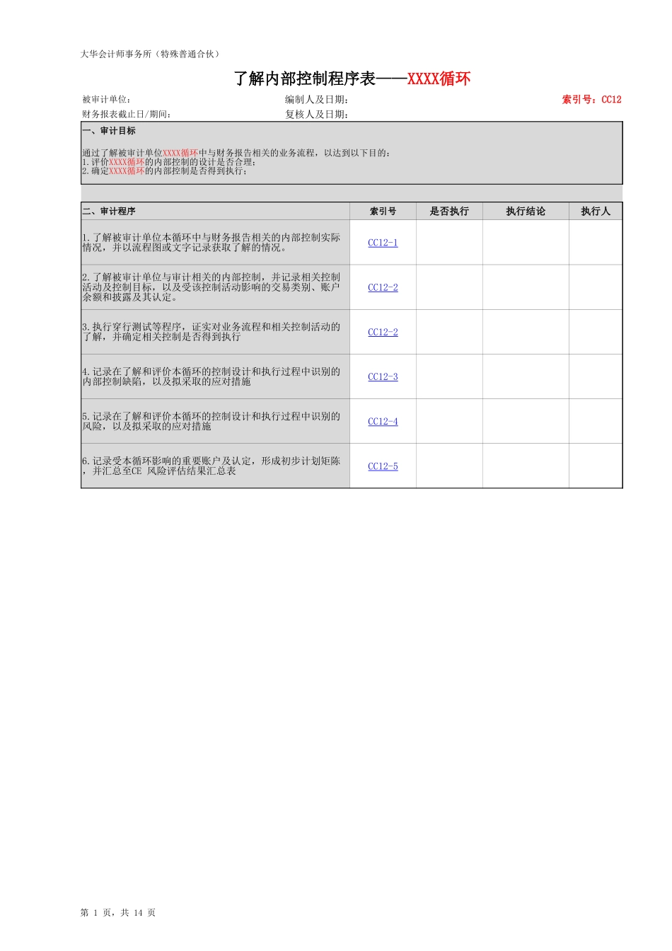 CC12 了解内部控制 - XXXX循环 （新）【财会审计干货资料库整理分享】.xlsx_第2页