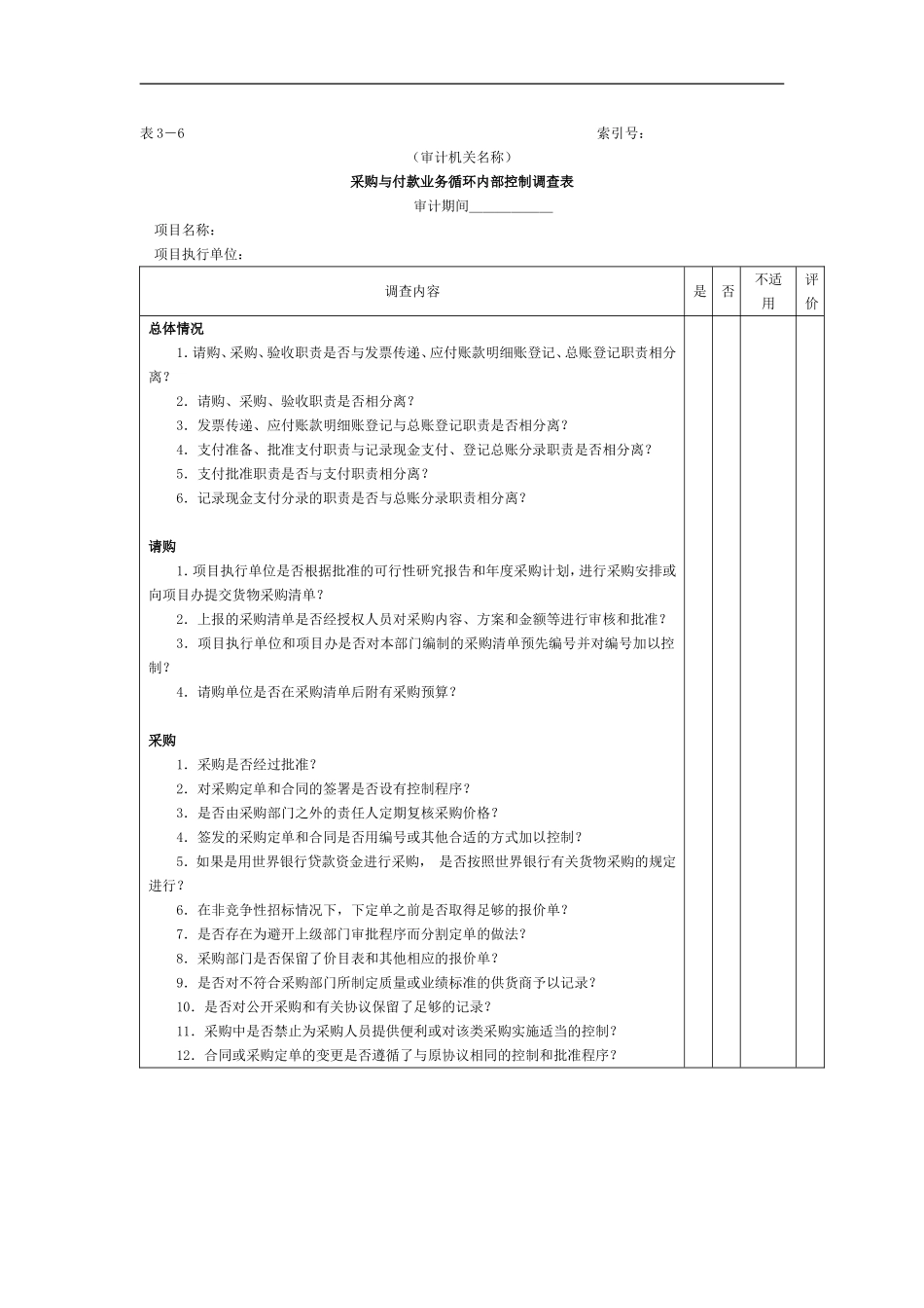 采购与付款-1采购与付款业务内部控制调查表.doc_第1页