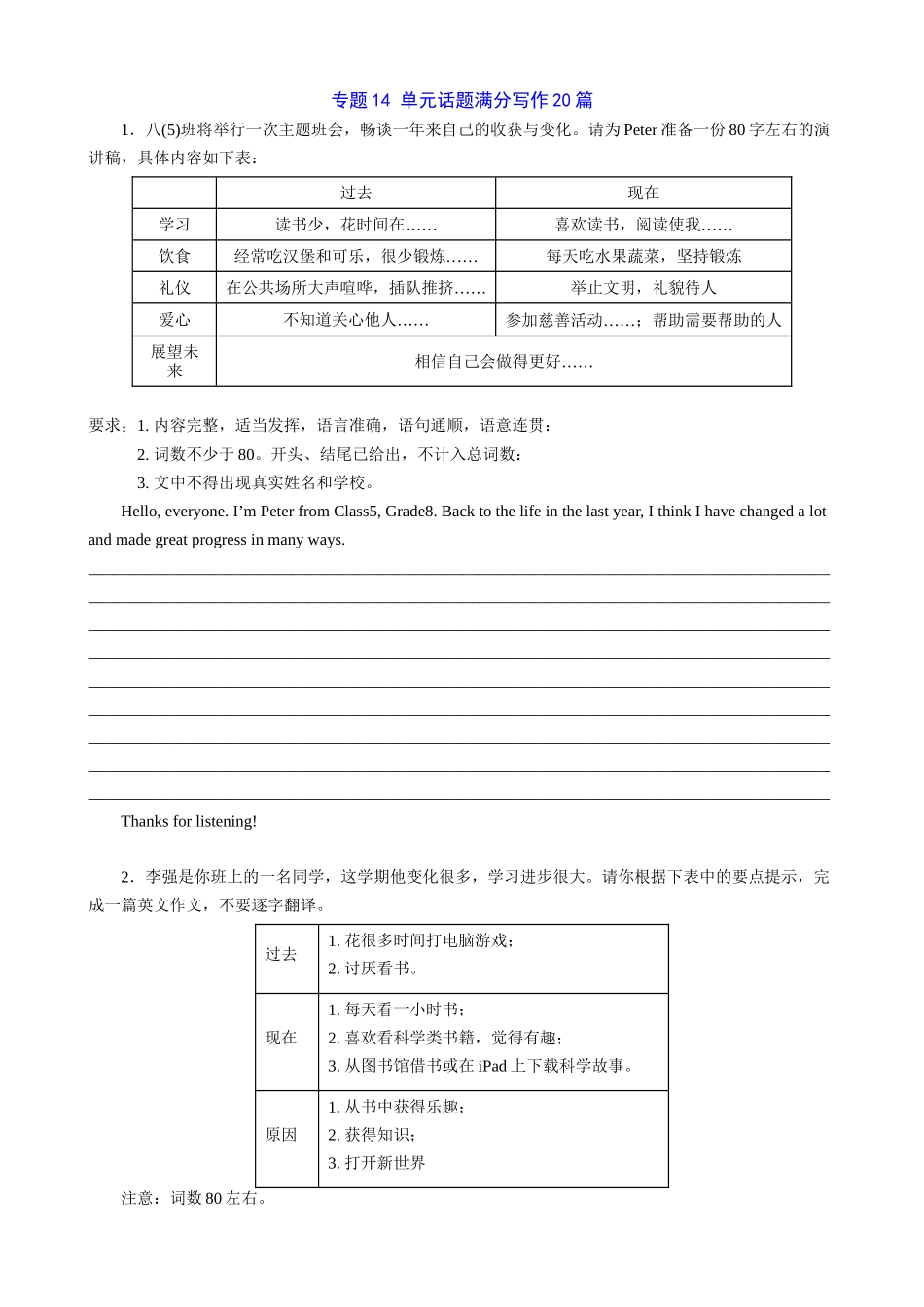 【八下英语译林版】专题14 单元话题满分写作20篇.docx_第1页