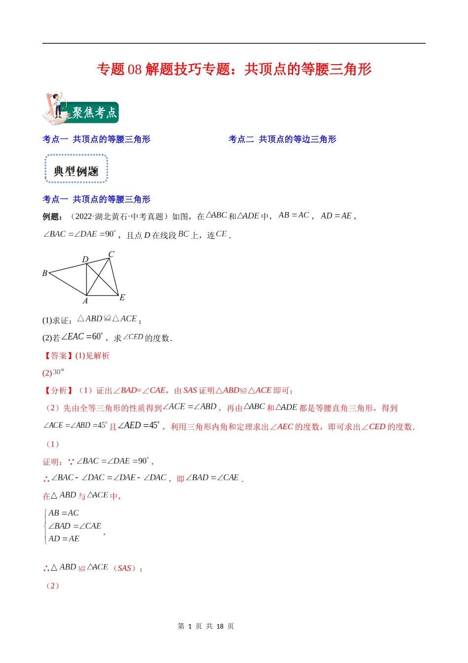【八年级上册数学苏科版】专题08 解题技巧专题：共顶点的等腰三角形(解析版).docx_第1页
