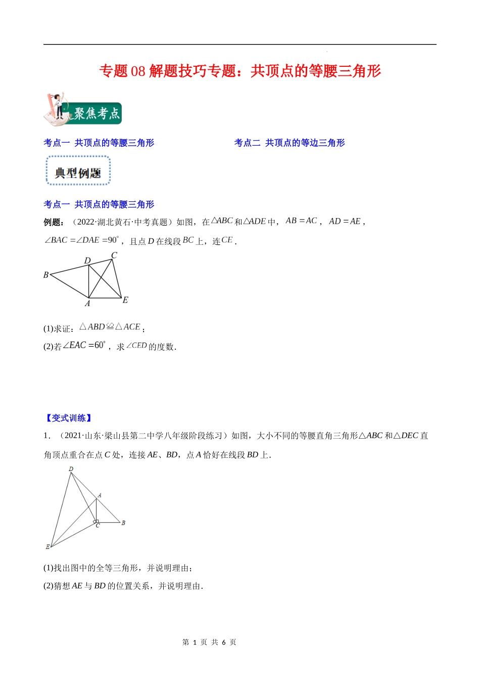 【八年级上册数学苏科版】专题08 解题技巧专题：共顶点的等腰三角形(原卷版).docx_第1页