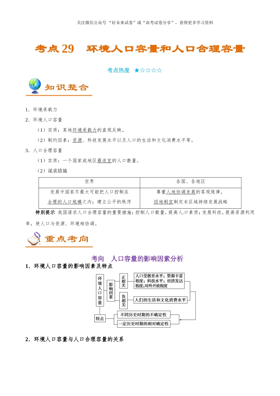 2025版·《考点一遍过》高考地理_考点29 环境人口容量和人口合理容量.doc_第1页