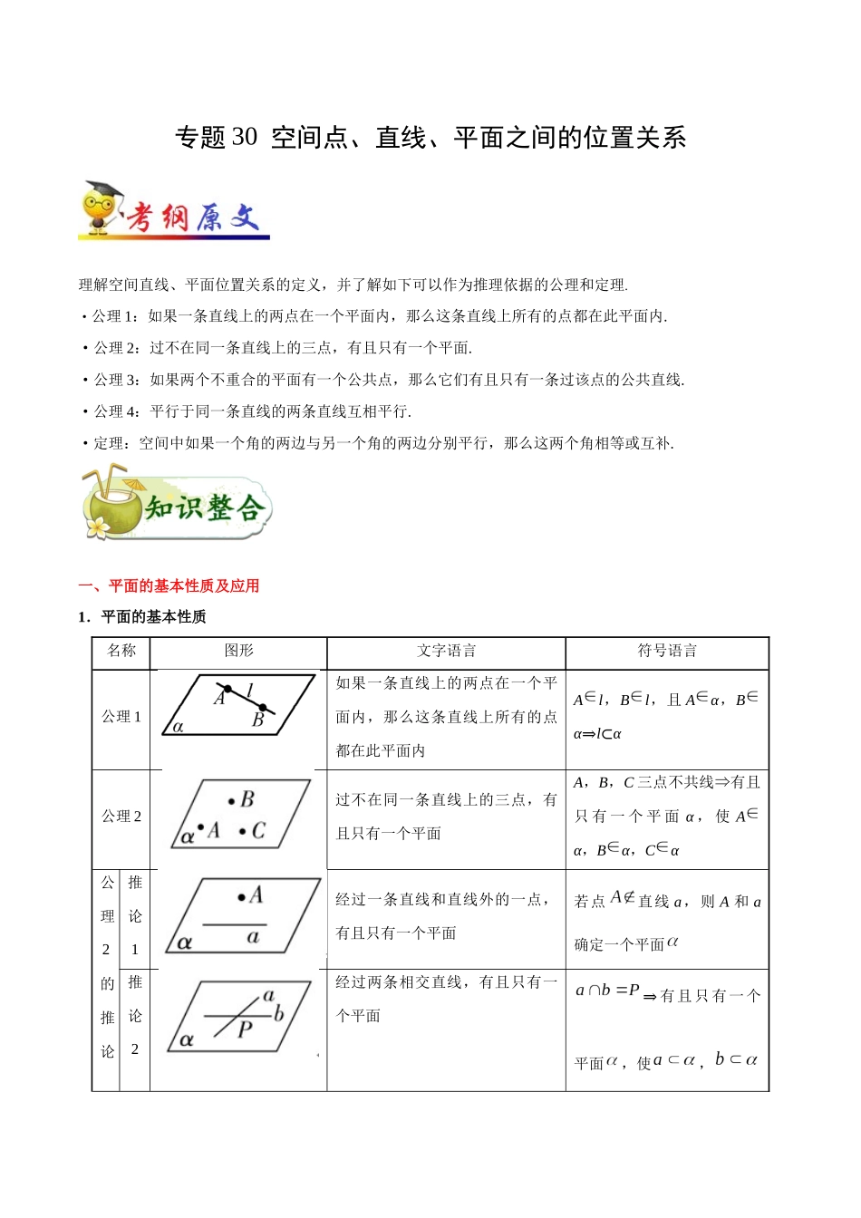 2025版·《考点一遍过》高考理数_考点30 空间点、直线、平面之间的位置关系.docx_第1页