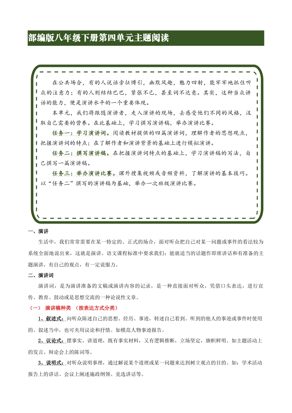 【八年级下册语文】单元主题阅读 专题04：演讲魅力-主题阅读（空白卷）.docx_第1页