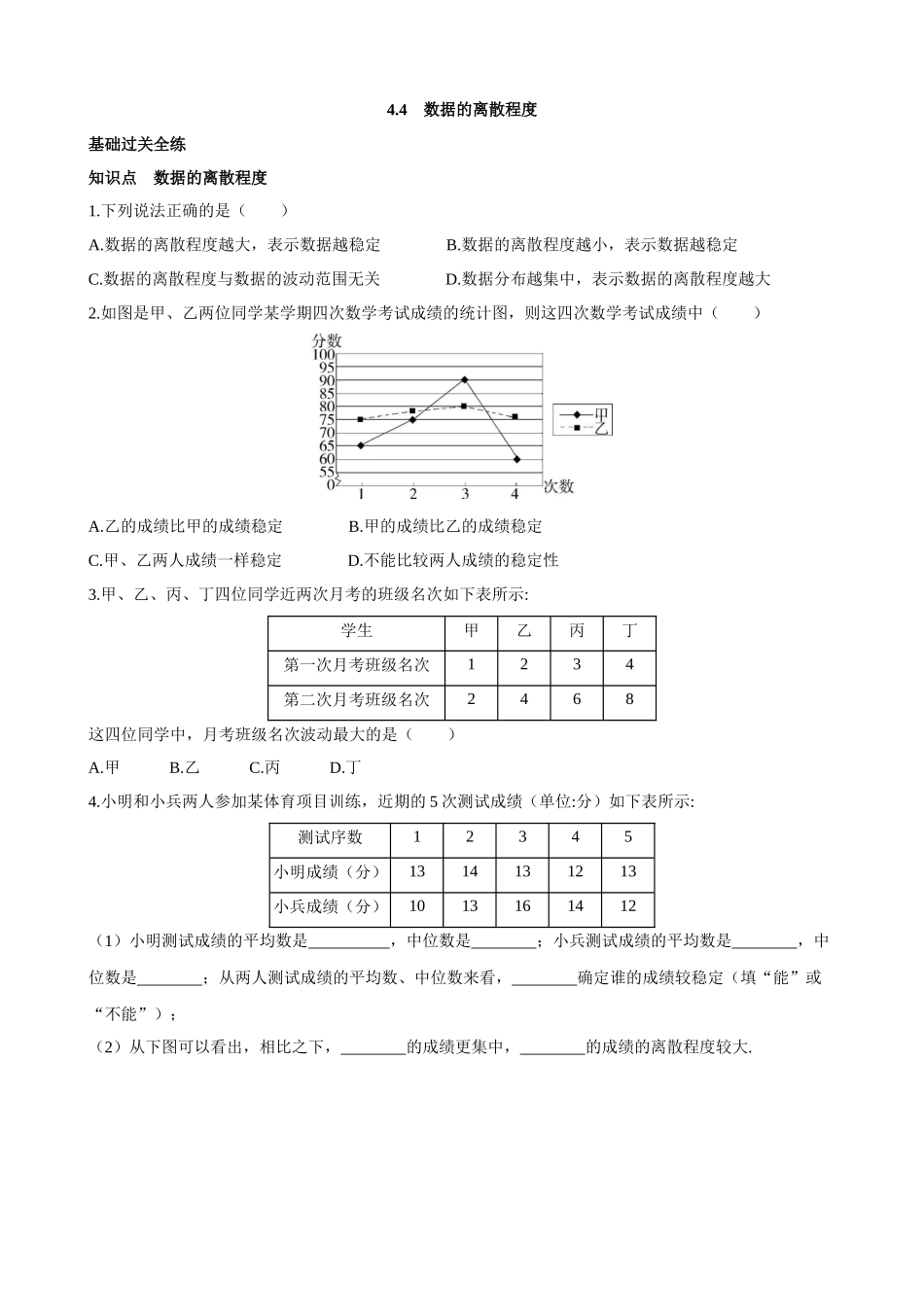 【八年级上册数学青岛版】4.4 数据的离散程度 同步练习.docx_第1页