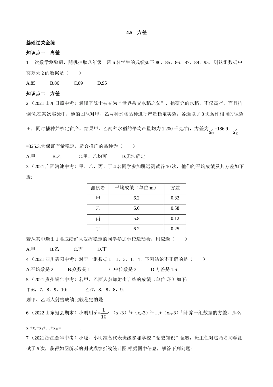 【八年级上册数学青岛版】4.5 方差 同步练习.docx_第1页