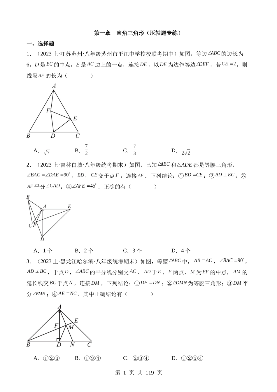 【八年级下册数学湘教版】第一章 直角三角形（压轴题专练）.docx_第1页