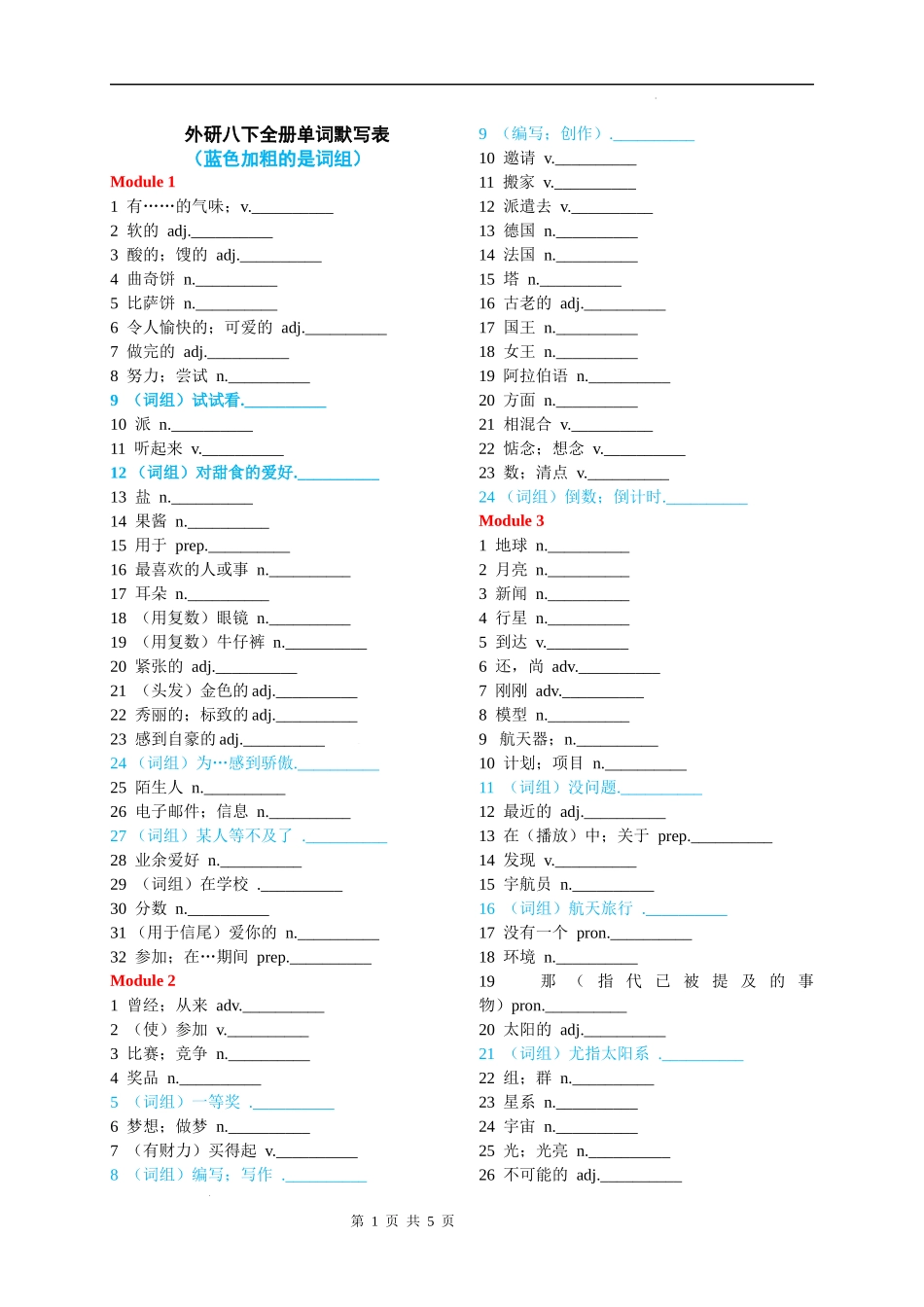 外研版八年级下册整册书单词默写表-空白版.docx_第1页